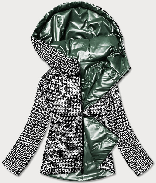 Zielona dwustronna przejściowa kurtka damska z kapturem geometryczne wzory