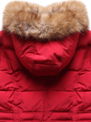 Czerwona zimowa genialna ocieplana zimowa kurtka płaszczyk z kapturem futerko 