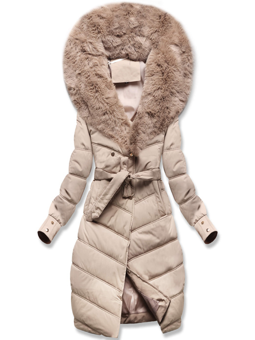 Beżowa damska zimowa kurtka płaszczyk z futrzanym kołnierzem