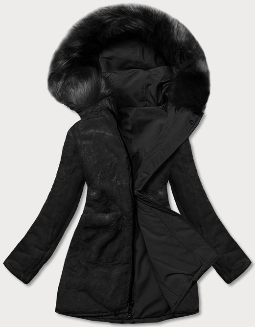 Czarna dwustronna zimowa parka na futrze