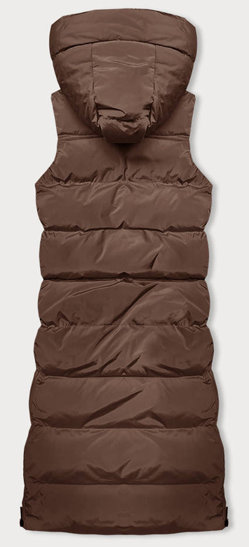 Brązowy puchowy długi bezrękawnik kamizelka z kapturem