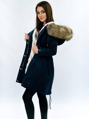 Granatowa zimowa ciepła kurtka parka na futrze