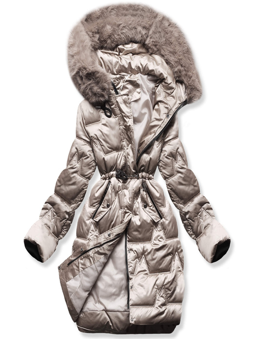 Bezowa fenomenalna zimowa damska kurtka ze ściągaczem