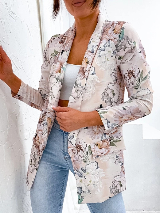 Beżowa damska marynarka żakiet w kwiaty