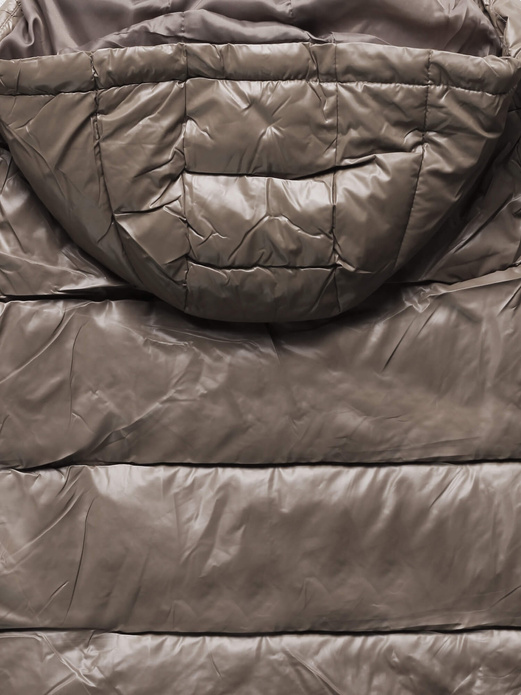 Czekoladowa damska długa pikowana kurtka z kapturem