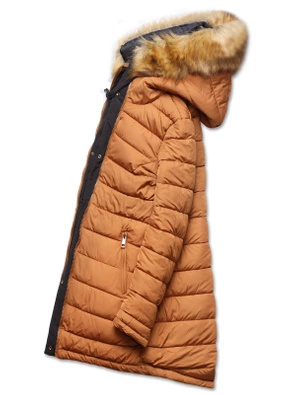 Czarno karmelowa długa dwustronna ciepła kurtka parka z kapturem z odpinanym futerkiem