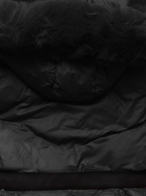 Czarna pikowana zimowa kurtka z kapturem i paskiem