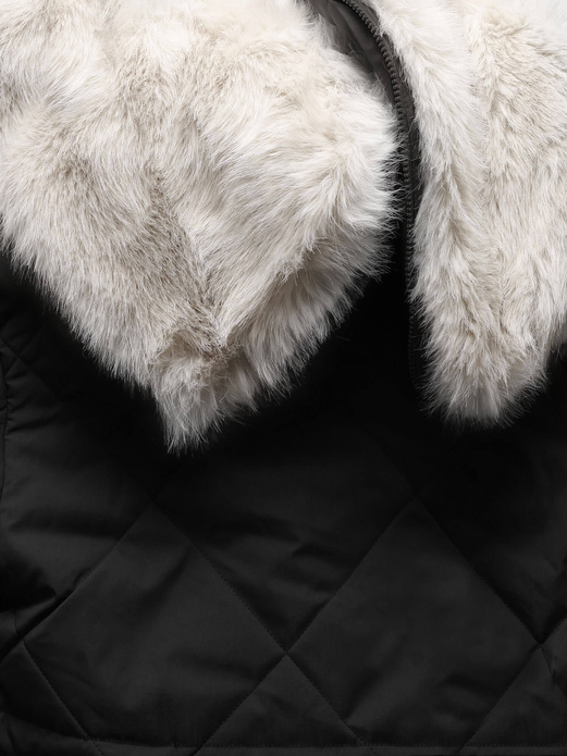 Czarno beżowa damska zimowa pikowana kurtka płaszcz na futerku