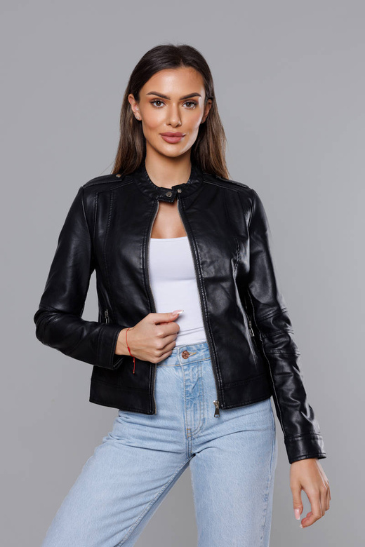 Czarna kurtka ekoskóra ze stójką ramoneska gładka zapinana na suwak