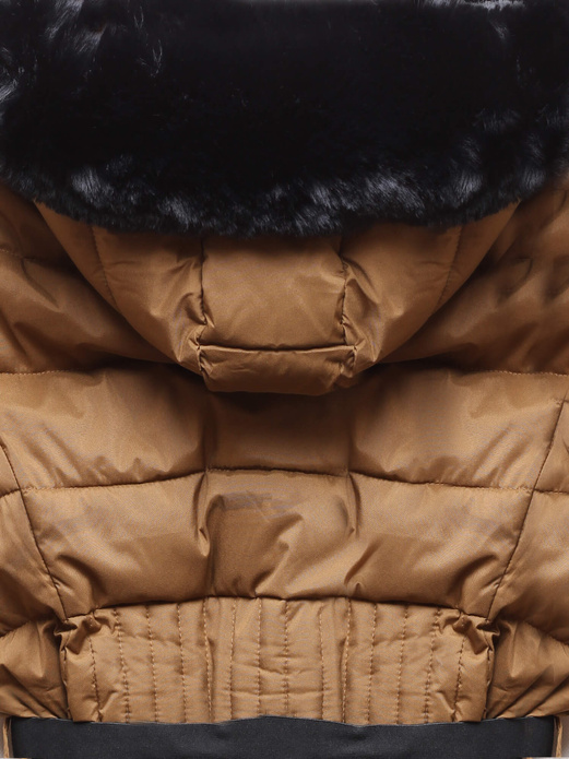 Brązowa puchowa pikowana kurtka z kapturem i paskiem