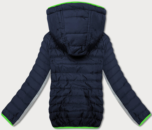 Granatowa sportowa pikowana kurtka z łączonych materiałów z kapturem