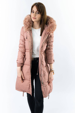 Pudrowa długa ciepła zimowa kurtka damska z kapturem 