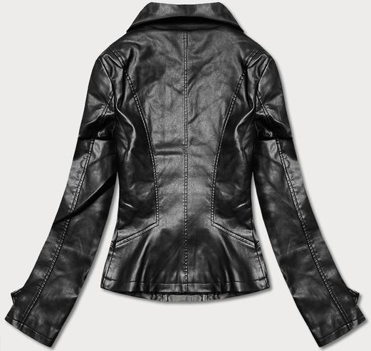 Czarna kurtka gładka ekoskóra ramoneska zapinana na skos z klapami prosty krój