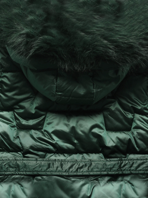 Ciemnozielona długa damska pikowana kurtka płaszcz z paskiem