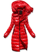 Czerwona lakierowana damska zimowa kurtka z kapturem