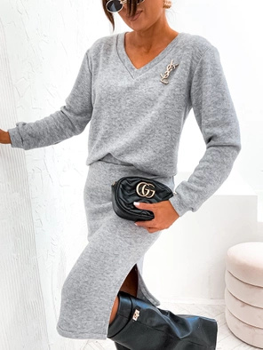 Szary dzianinowy komplet damski bluzka i spódnica