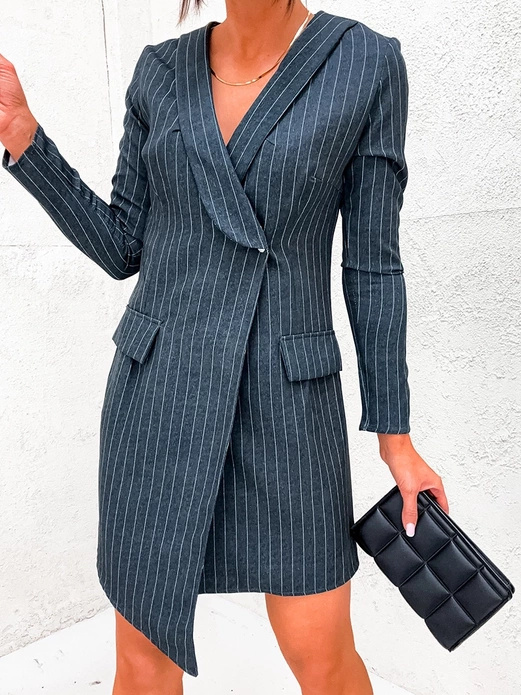 Grafitowa długa elegancka marynarka sukienka w prążki