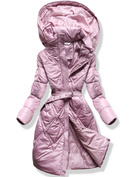 Różowy długi pikowany przejściowy płaszcz z kapturem