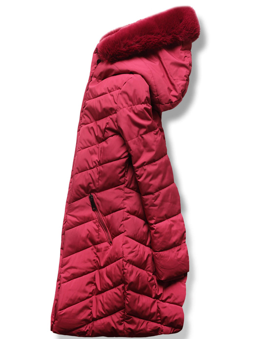 Bordowa długa wyszczuplająca pikowana kurtka w jodełkę z kapturem