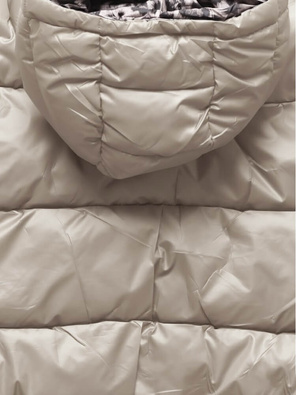 Czekoladowo beżowy dwustronny zimowy damski płaszcz z kapturem i paskiem