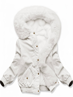 Ecru krótka damska zimowa kurtka na futrze