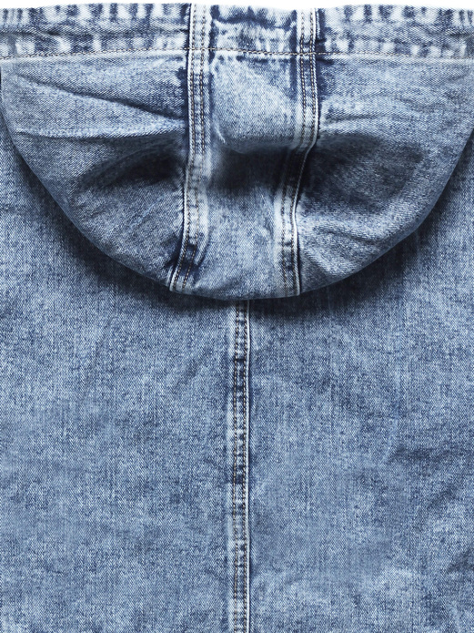 Jasnoniebieska jeansowa kurtka przejściowa narzutka płaszcz na guziki z kapturem i troczkami