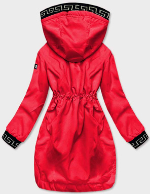Czerwona kurtka płaszcz z ozdobnymi lampasami we wzory z kapturem