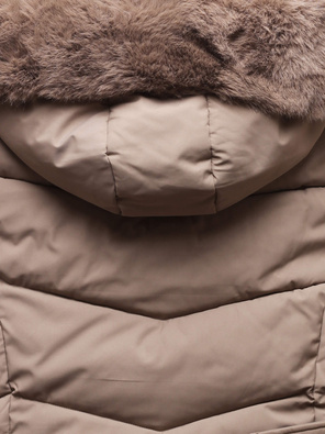 Beżowa ciepła zimowa pikowana kurtka z futrzanym kapturem