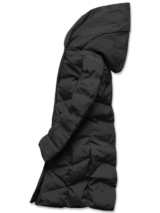 Czarna pikowana ocieplana misiem zimowa kurtka płaszczyk z kapturem