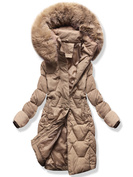 Beżowa damska zimowa kurtka z futrzanym kapturem