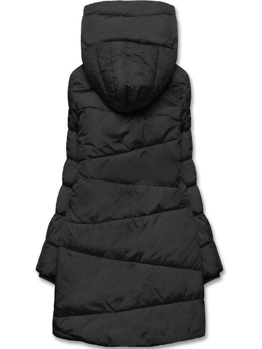 Czarna asymetryczna długa pikowana zimowa kurtka płaszczyk z kołnierzem