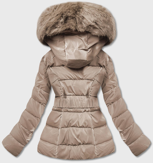 Bezowa pikowana zimowa czadowa błyszcząca kurtka z futerkiem