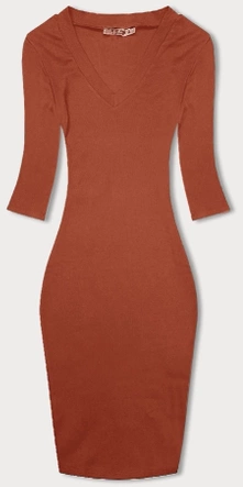 Pomarańczowa, klasyczna wyszczuplająca, prążkowana sukienka, basic elegance z rękawem 3/4