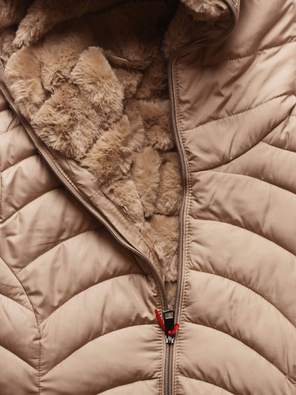 Beżowa dwustronna zimowa pikowana kurtka futerko