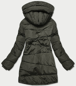 Ciemnozielona asymetryczna długa pikowana zimowa kurtka płaszczyk z kołnierzem 