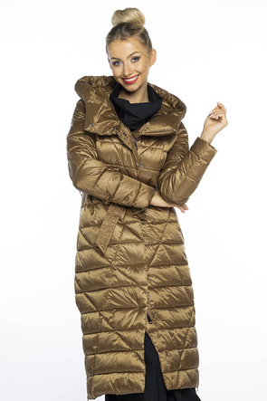 Złotobrązowy cudowny długi płaszcz kurtka pikowana z kapturem