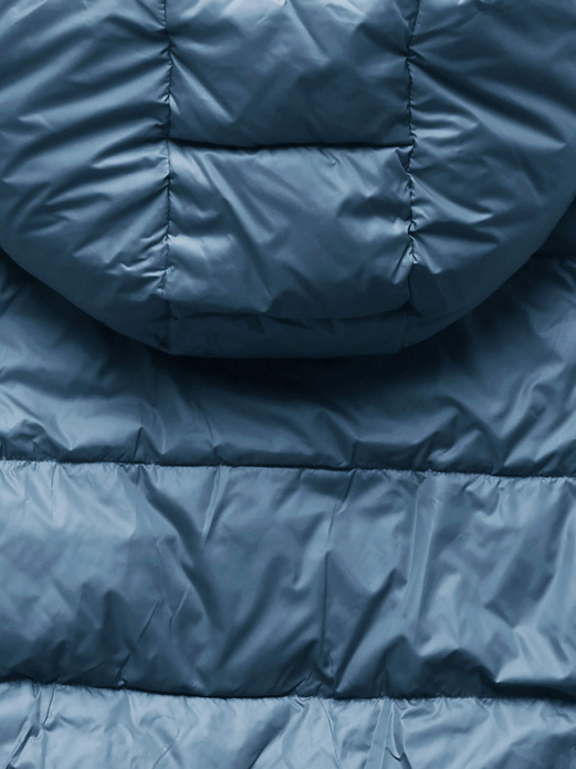 Niebiesko szara dwustronna zimowa damska kurtka z kapturem i paskiem