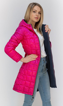 Granatowo-różowa przejściowa dwustronna damska kurtka z kapturem