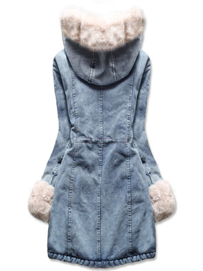 Niebieska ecru jeansowa zimowa kurtka płaszczyk futro