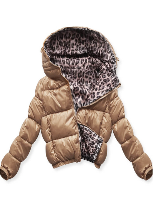 Karmelowa dwustronna kurtka damska pikowana panterka