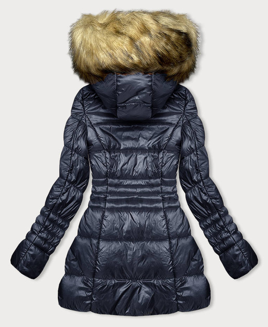 Granatowy długi płaszczyk kurtka zimowa z kapturem