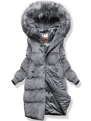 Szara długa zimowa sztruksowa damska kurtka z kapturem