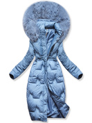 Niebieska długa zimowa unikalnie pikowana damska kurtka z kapturem