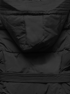 Czarna zimowa dopasowana damska kurtka z paskiem i kapturem