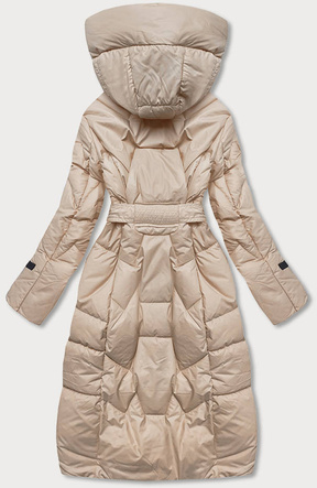 Beżowa zimowa długa puchowa kurtka płaszcz z kapturem
