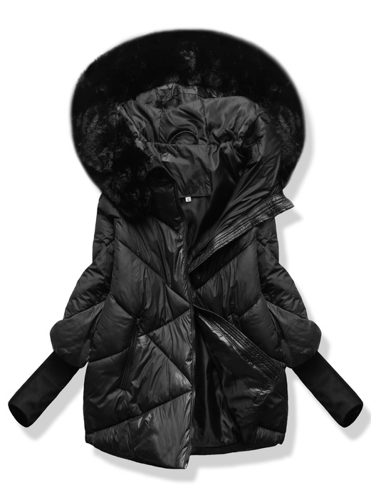 Czarna trapezowa pikowana unikalna kurtka z dzianinowymi rękawami