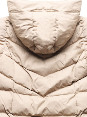 Jasnobeżowa zimowa długa puchowa kurtka z kapturem