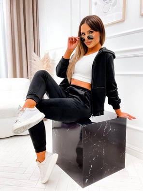 Czarny damski welurowy gładki dres komplet z rozpinaną bluzą