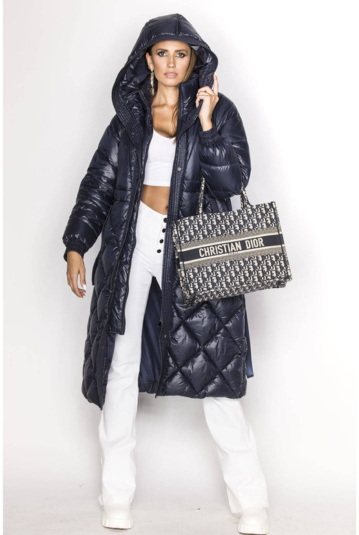 Granatowa długa pikowana puchowa kurtka płaszczyk z kapturem