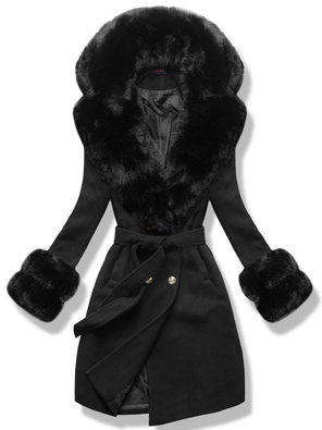 Czarny piękny damski płaszcz z genialnym futrzanym kołnierzem